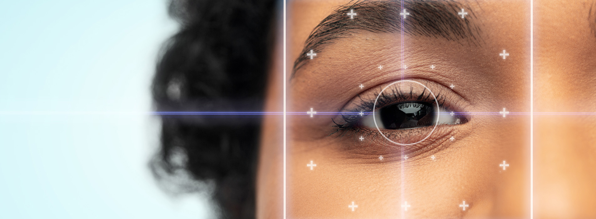 The image shows a close-up of a person s face with an augmented reality overlay featuring a grid pattern and glittering effects, which appears to be digitally manipulated or superimposed onto the photo.