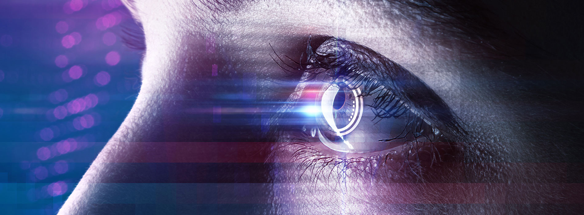 The image features a close-up of a person s eye with a futuristic, digital background that includes neon lights and electronic elements.